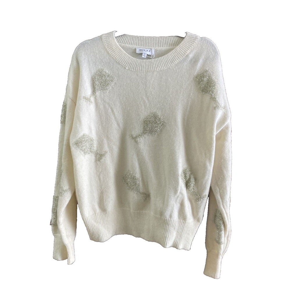 Gilli Wine Champagne Glass Sweater Cream Silver Sz M Long Sleeveâ Holiday Party